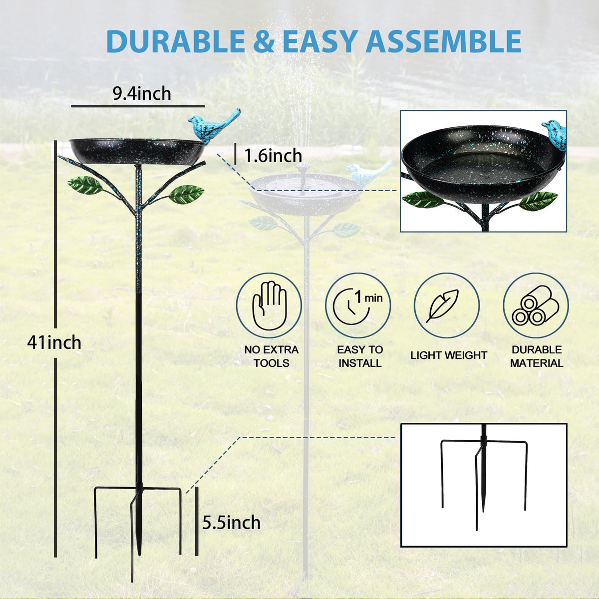 Qipade bird bath with 9-4inch bowl supports multiple birds.
