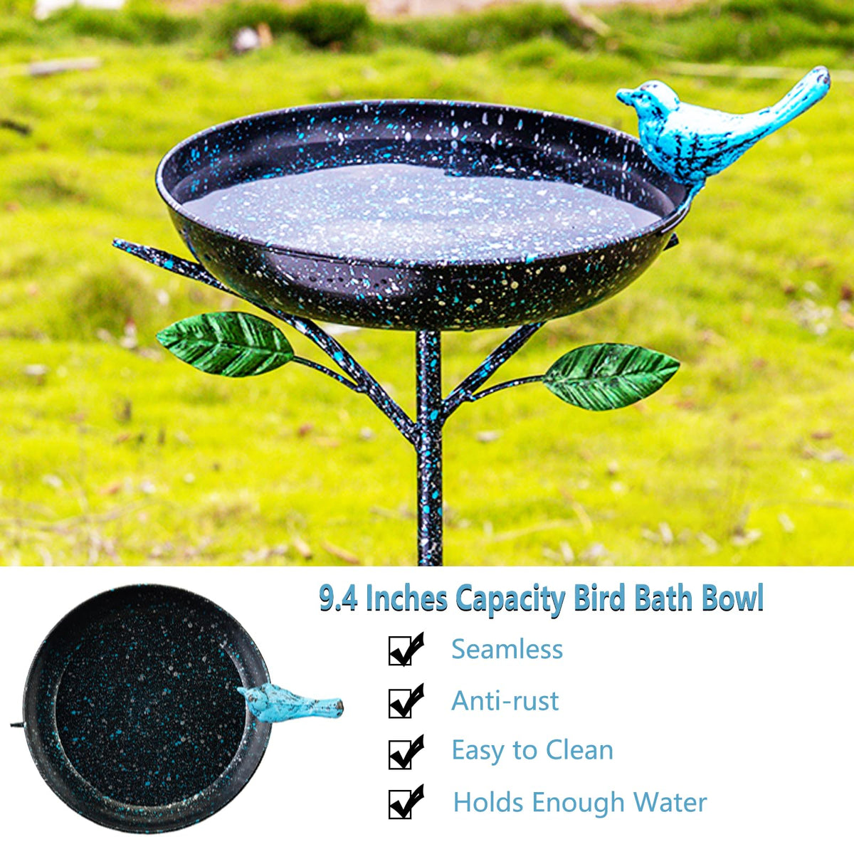 Qipade bird bath edge features blue cast iron for decorative garden appeal.