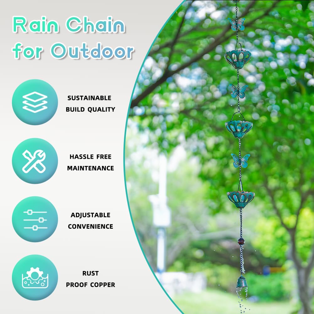 Qipade rain chain in blue powder coating withstands outdoor weather.