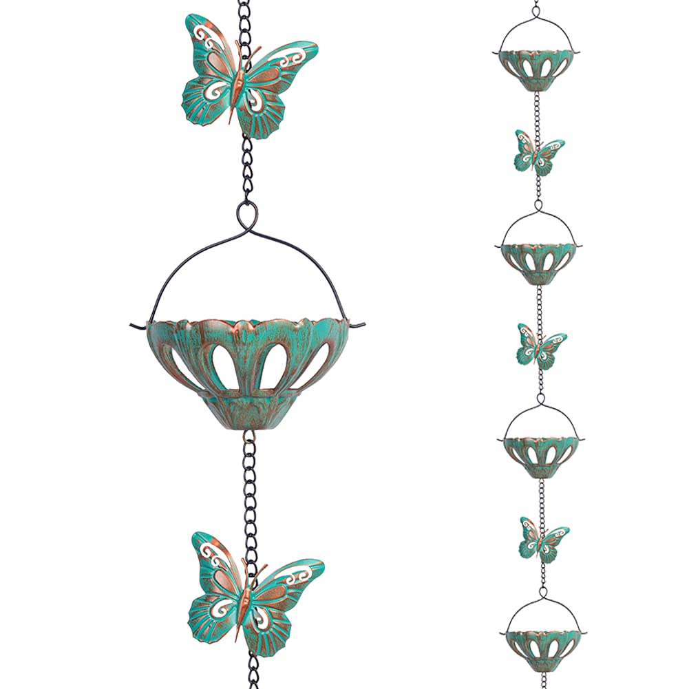 Qipade rain chain with butterfly cups decorates roof edge and guides rainwater gracefully.