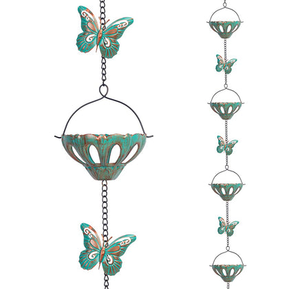 Qipade rain chain with butterfly cups decorates roof edge and guides rainwater gracefully.