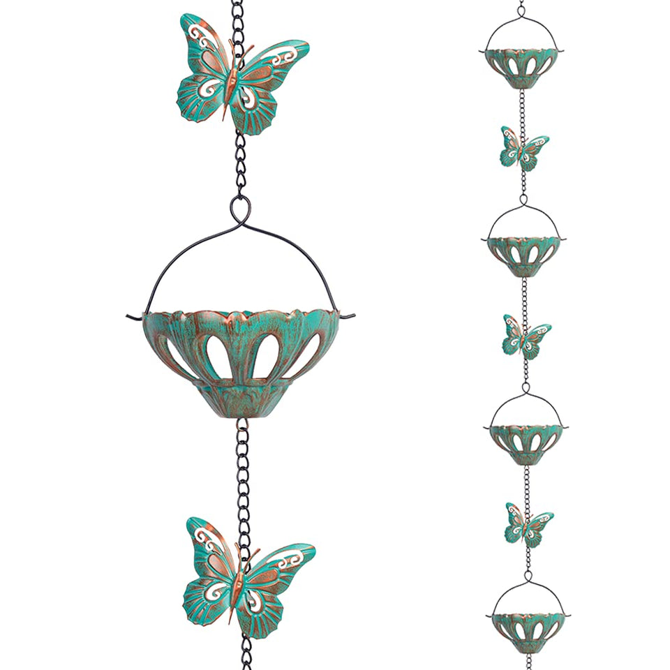 Qipade rain chain with butterfly cups decorates roof edge and guides rainwater gracefully.