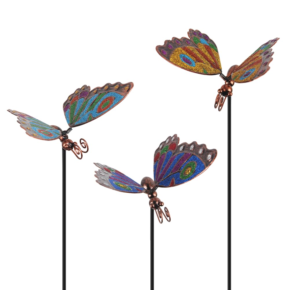 Qipade butterfly garden stake close-up showing hand-painted glittery wings for sunny beds.