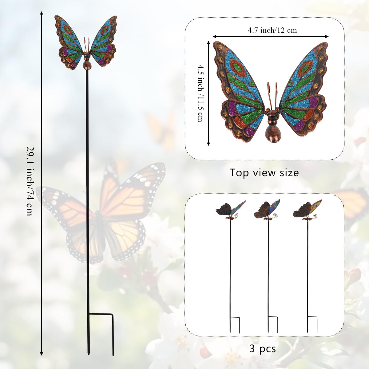 Qipade butterfly garden stake placed in flower bed adding bright color.
