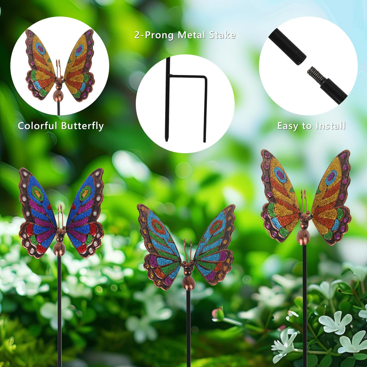 Qipade butterfly stake on lawn with H-stake for secure placement.