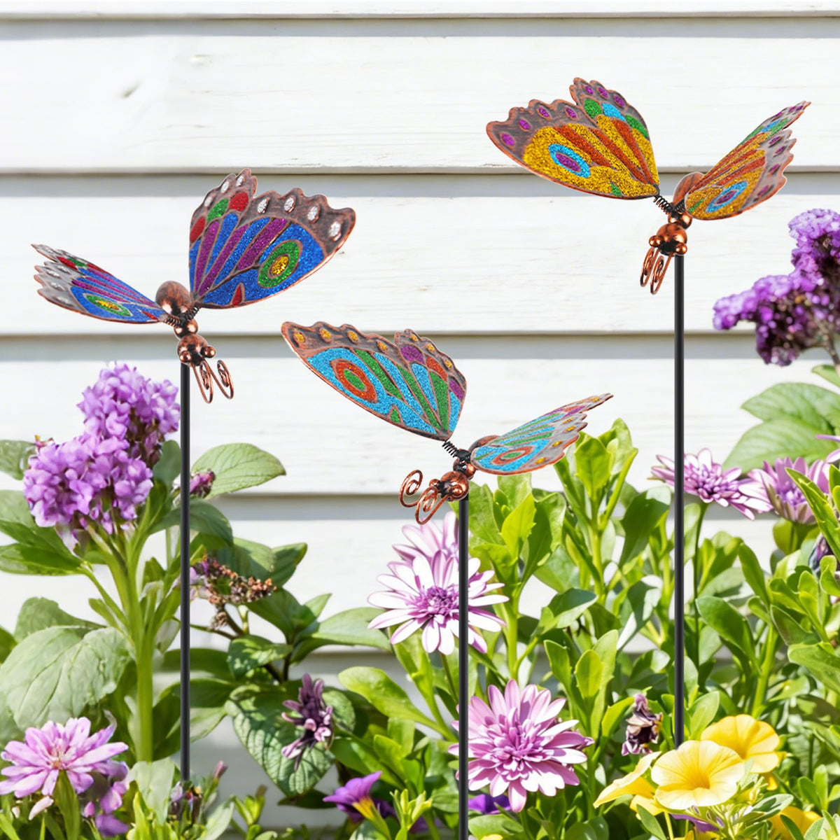 Qipade butterfly stake height adds vertical interest to porch display.