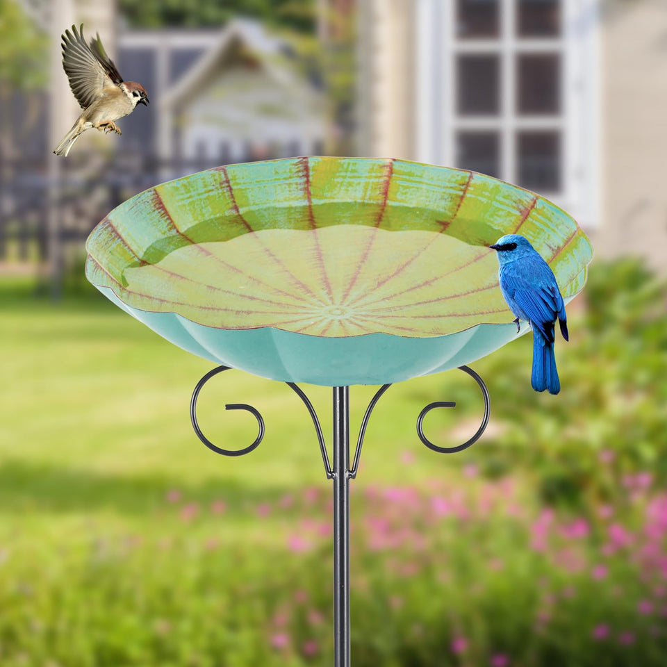 Qipade metal bird bath stands in yellow-green garden inviting birds for a refreshing dip.