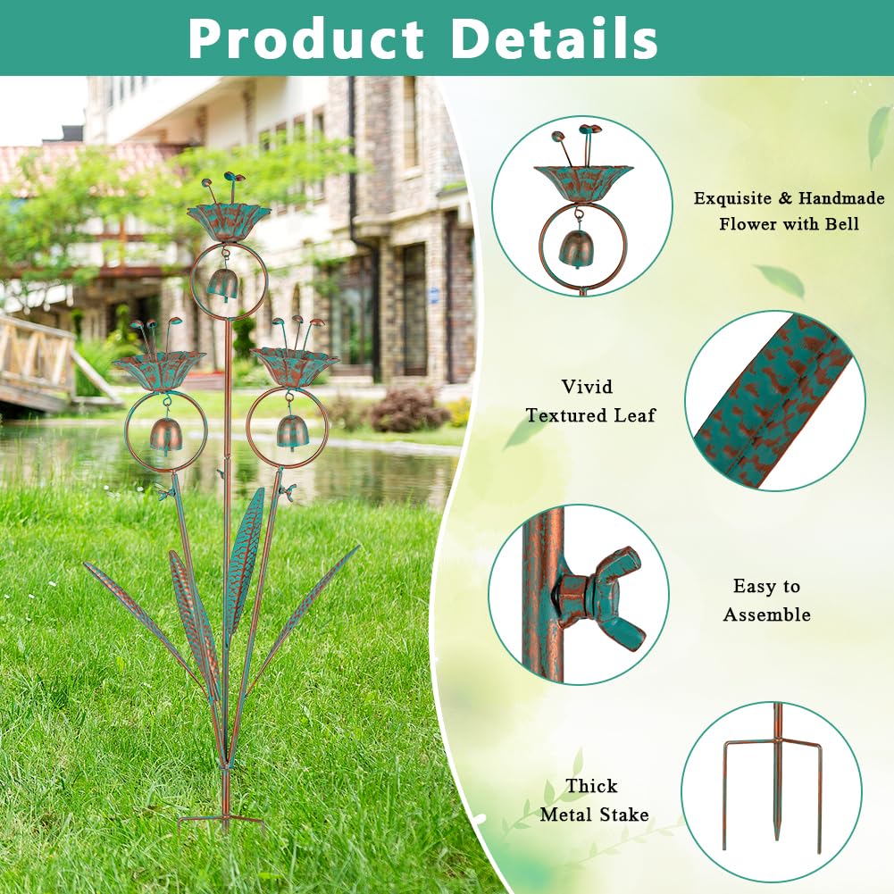 Qipade bronze-finish stake highlights garden paths with delicate bells.
