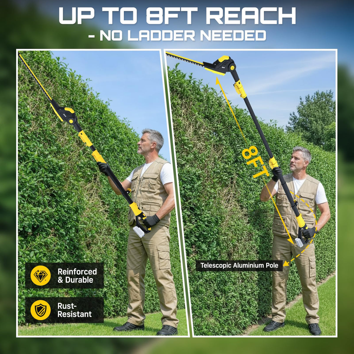 Qiushui hedge trimmer with rotating handle for comfortable cutting angles.