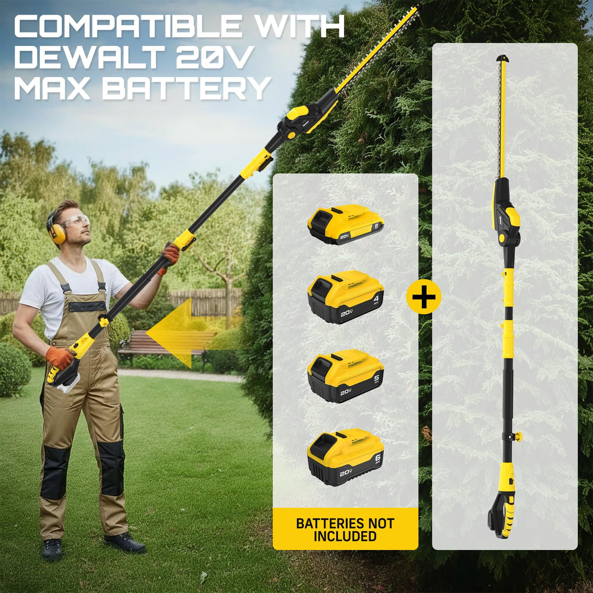 Qiushui hedge trimmer extension pole reaches eight feet for tall shrubs.