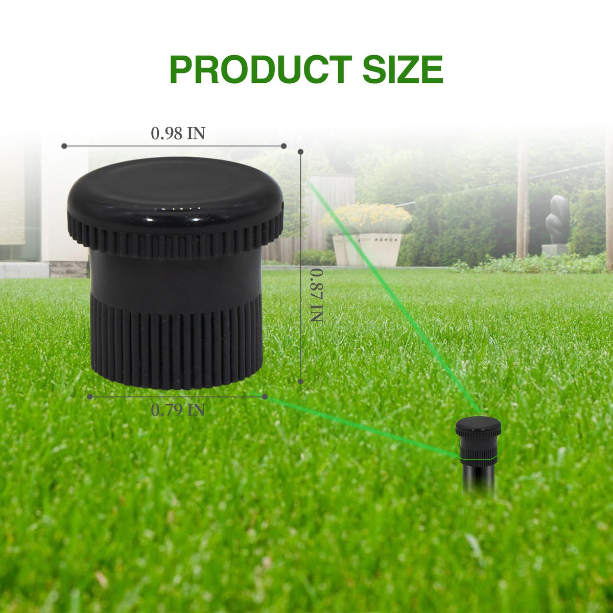 Qmagic spray shut off nozzle with black cap enables precise irrigation and reduced runoff.