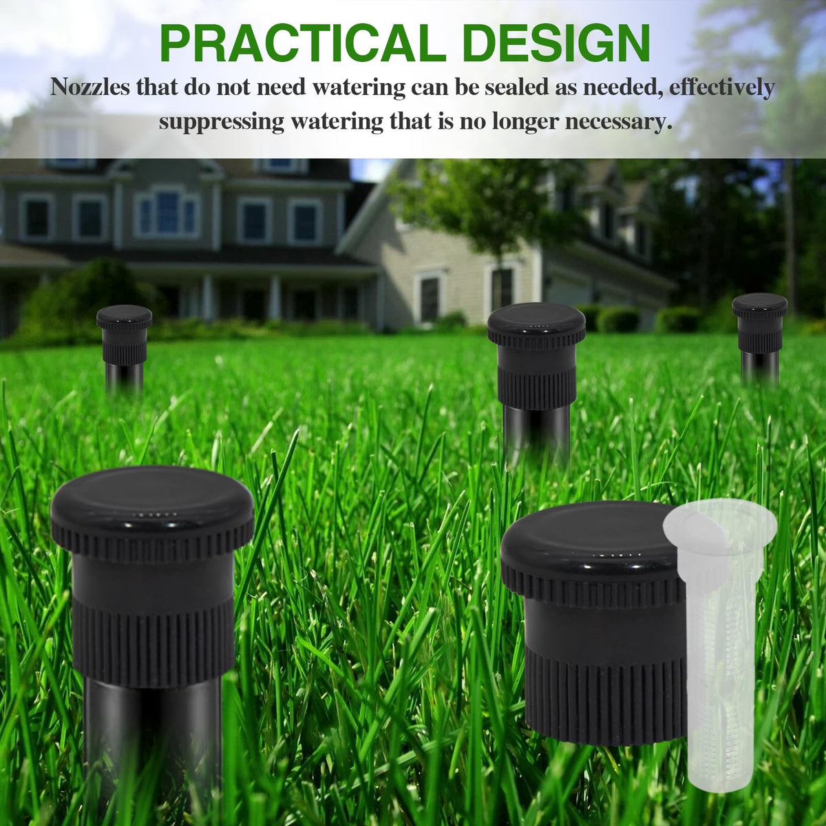 Qmagic spray shut off nozzle in black design protects sprinkler heads from wear.
