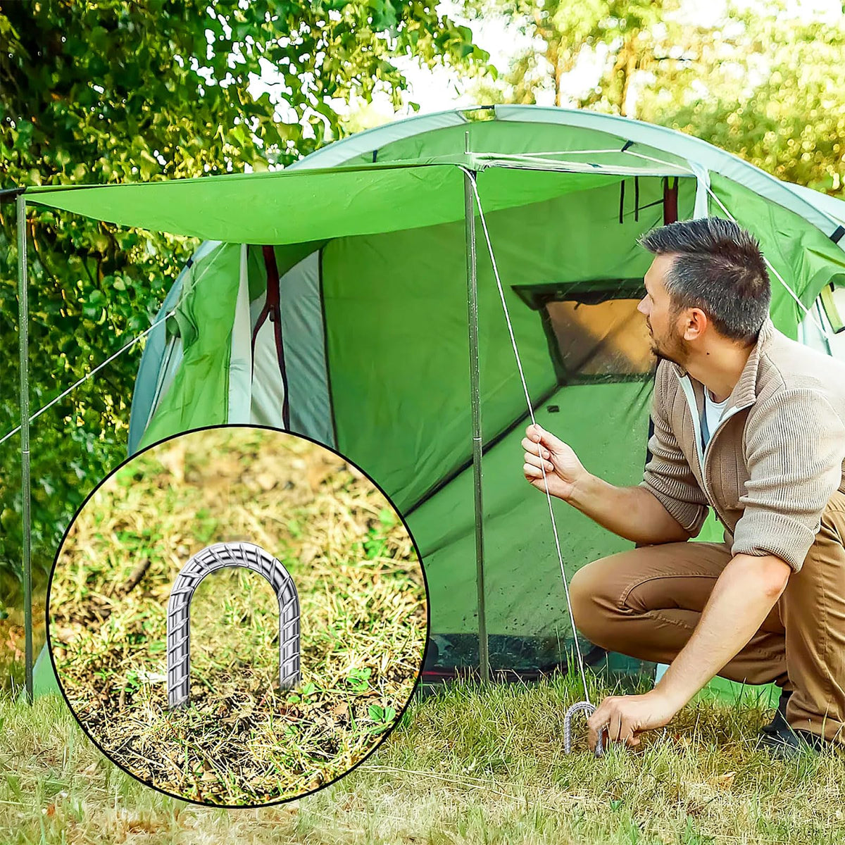 QNLONG camping-tent stakes simplify ground insertion for quick anchoring.