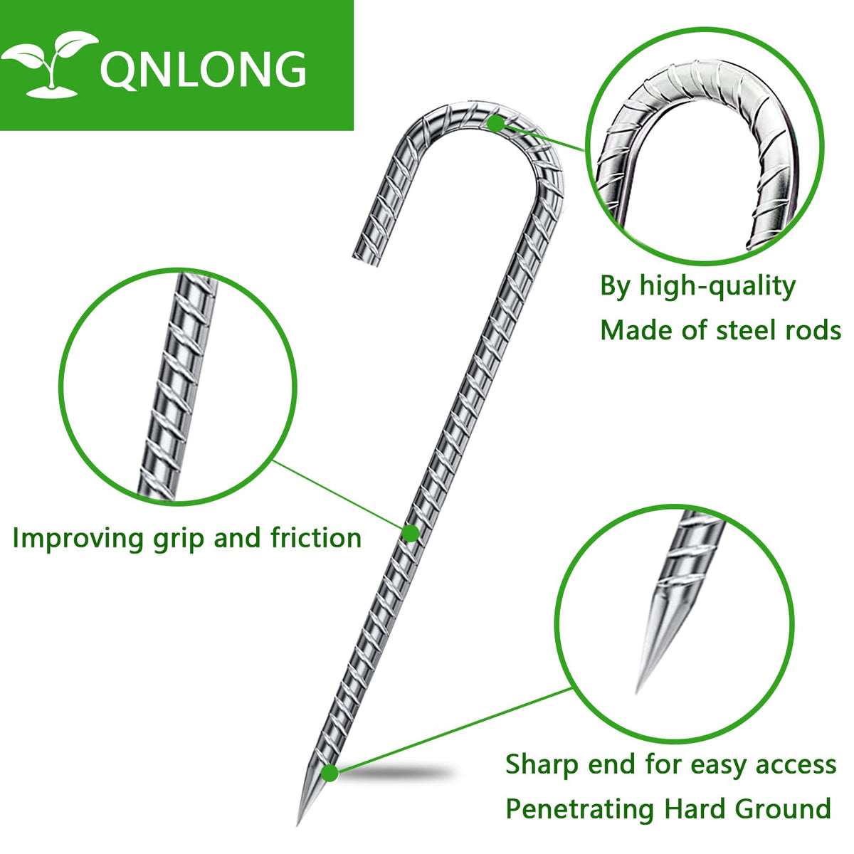 QNLONG galvanized steel stakes offer heavy-duty durability for tents and tarps.