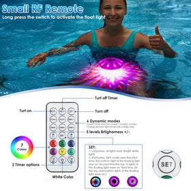 QOLNBY floating pool light displays dynamic RGB color-changing effects.