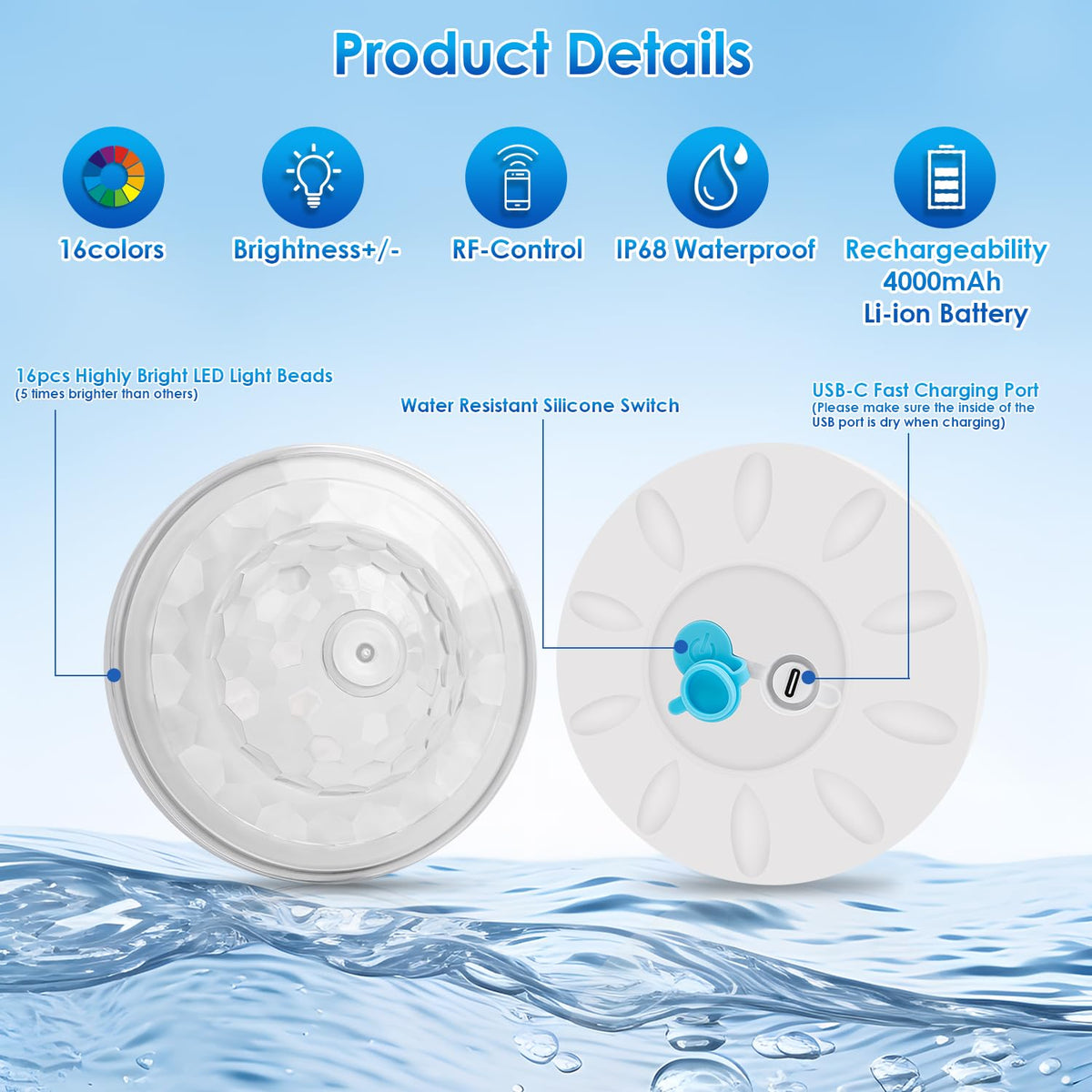QOLNBY floating pool light with remote control for easy color and mode selection.
