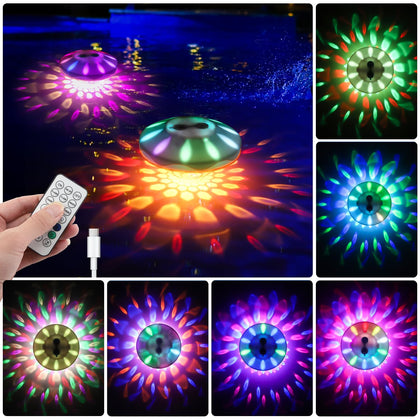 QOLNBY floating pool light top view showing vibrant color options for night swimming.