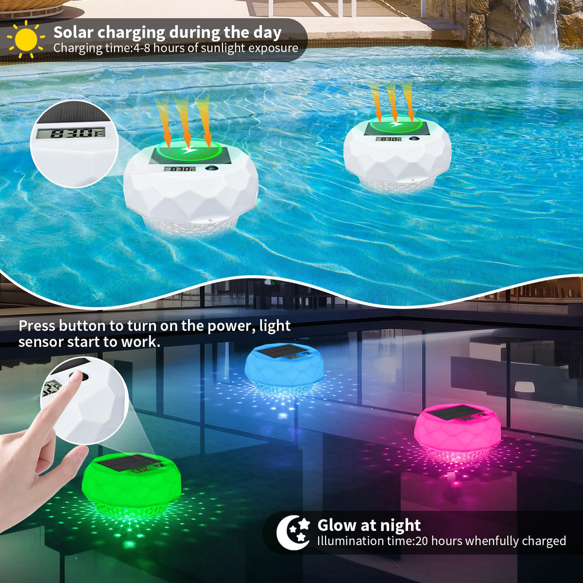 Qoolife pool chlorine floater eight color options and four light modes for ambiance.
