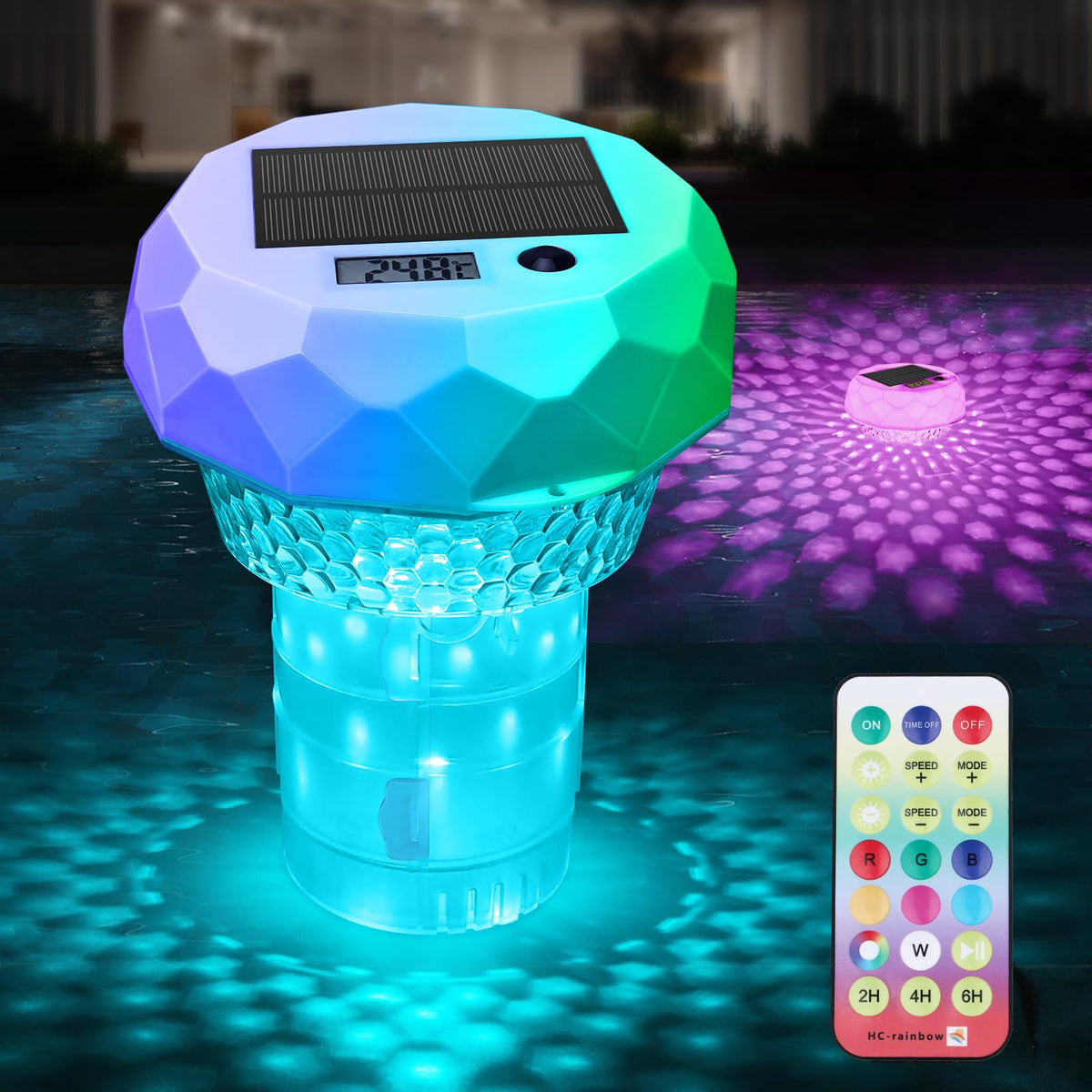 Qoolife pool chlorine floater with thermometer and solar light for even chlorine diffusion.