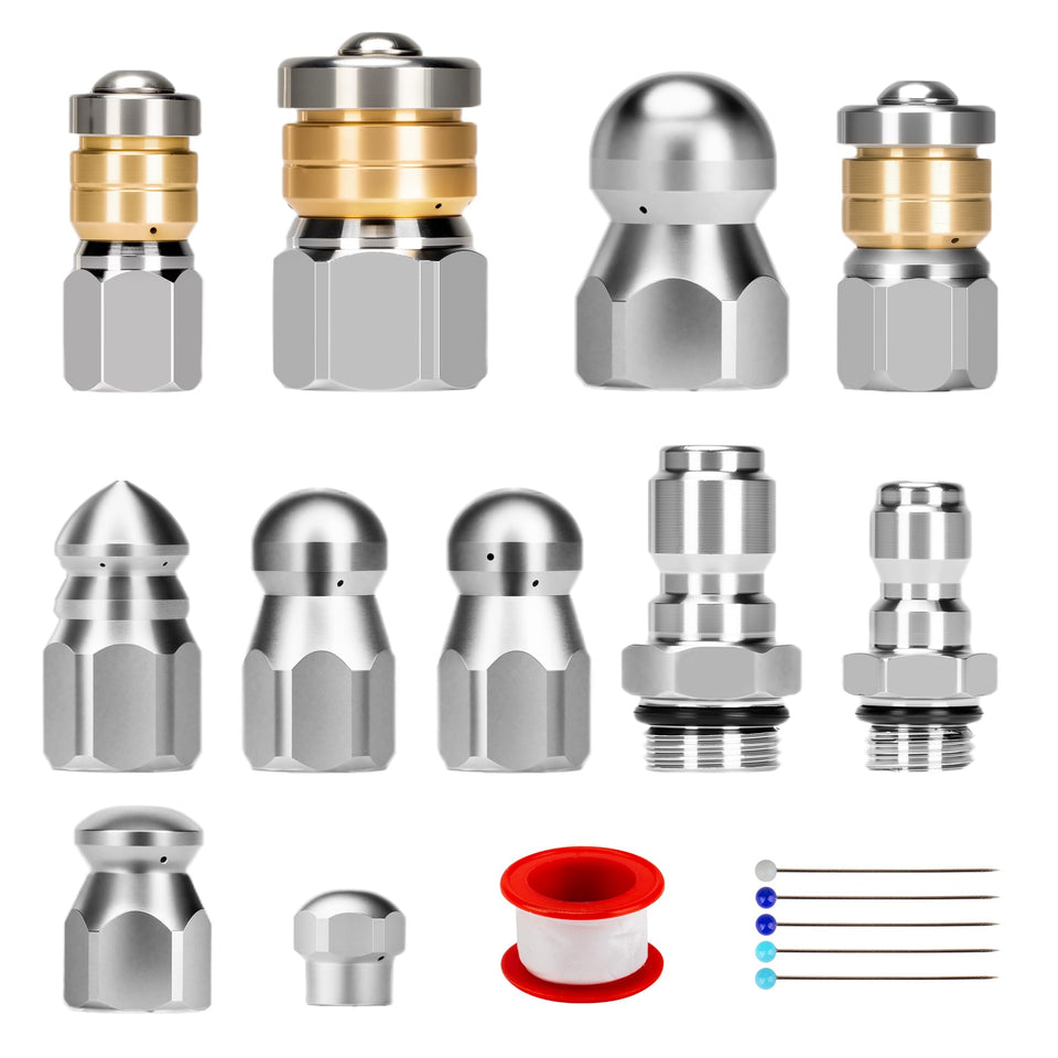 Qoroos sewer jetter kit main set for versatile drain cleaning tasks.