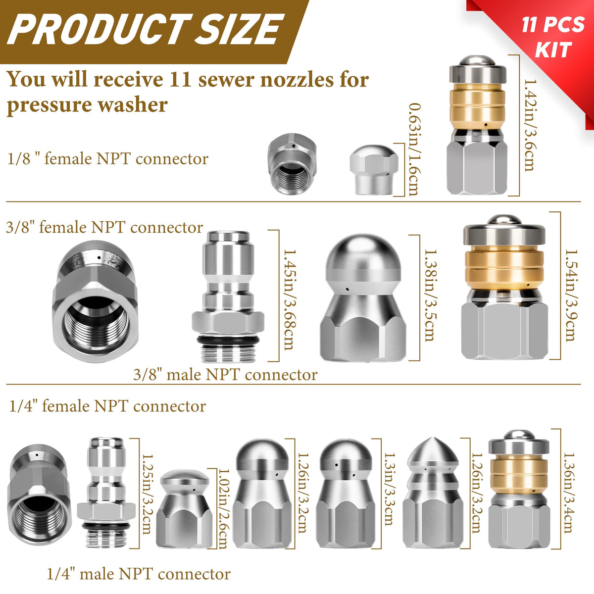 Qoroos sewer jetter kit nozzle 3/8 inch for high-pressure cleaning.