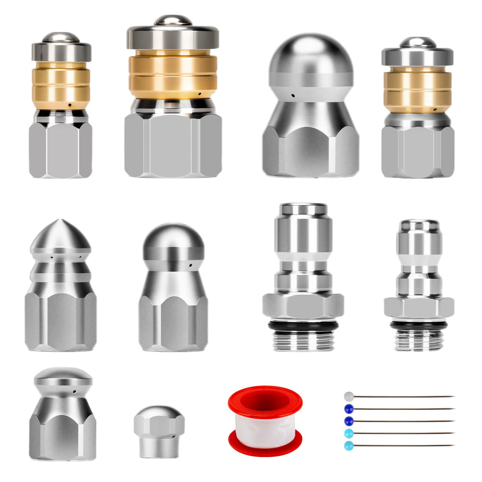 Qoroos sewer jetter kit with stainless steel heads for durable drain cleaning