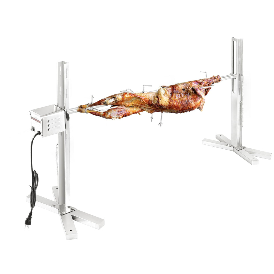 QPMR rotisserie grill kit on an outdoor stand for even family-friendly cooking