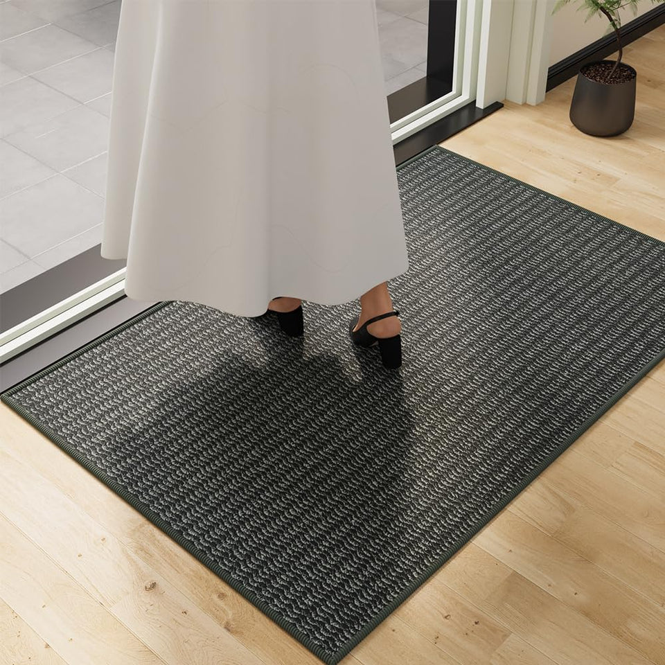 QQL Indoor Doormat 24x40 at entrance, stylish black and grey design with dirt trapping.