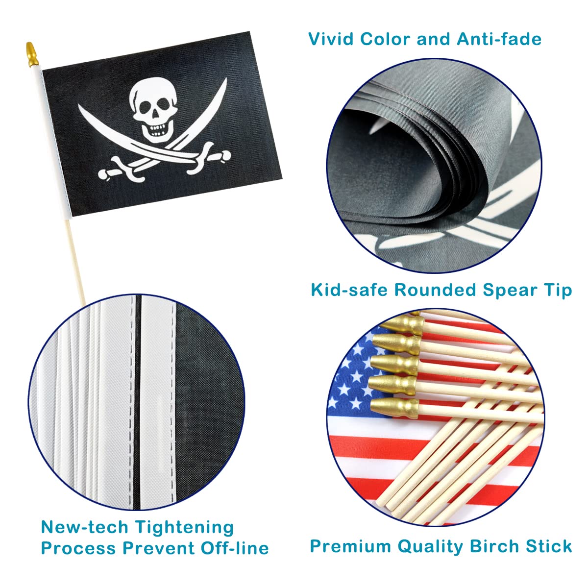 Twelve QQSD flags on 12.6 inch poles ready for party use
