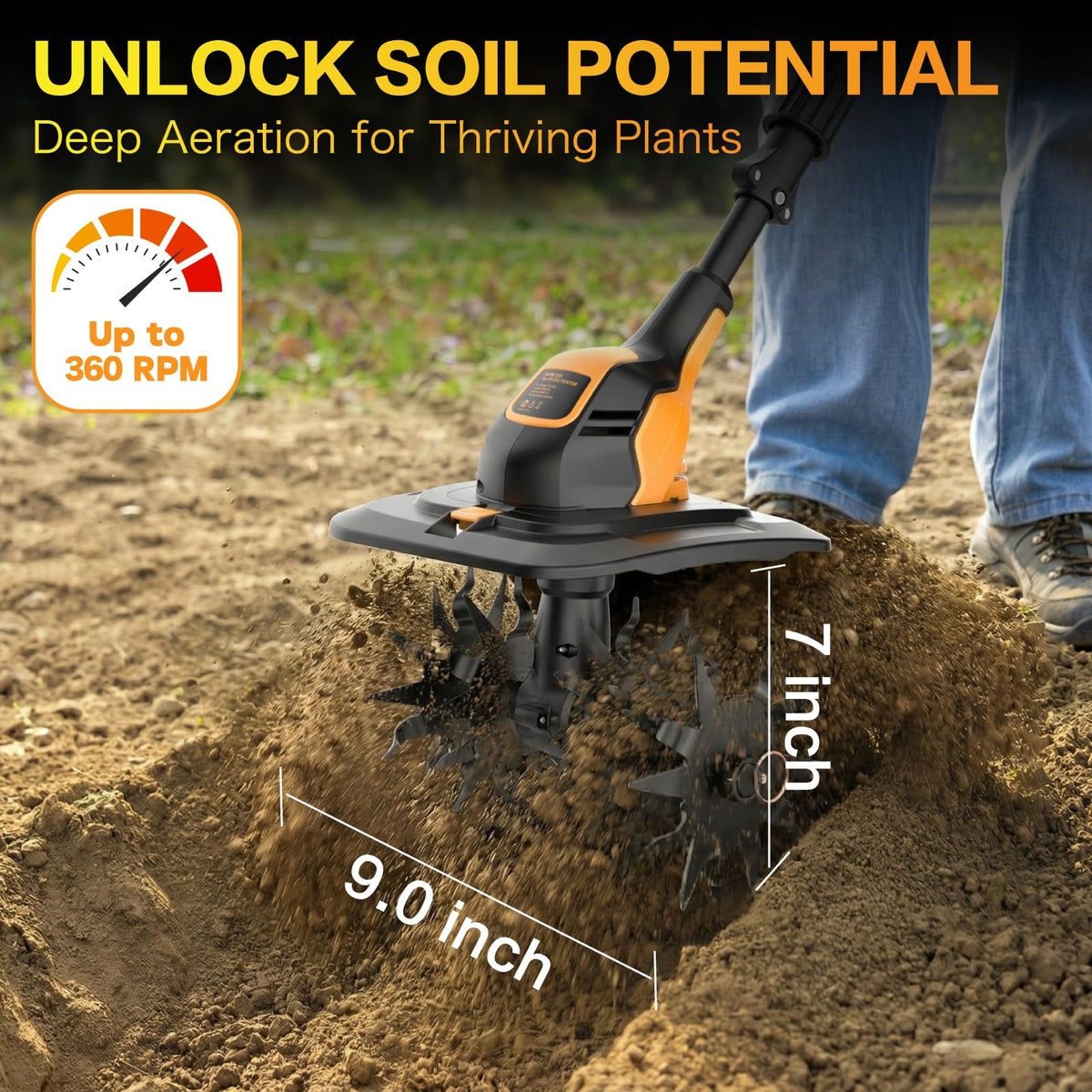 Qrachic 9-inch tilling width speeds seedbed preparation.