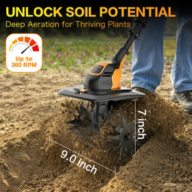 Qrachic 9-inch tilling width speeds seedbed preparation.