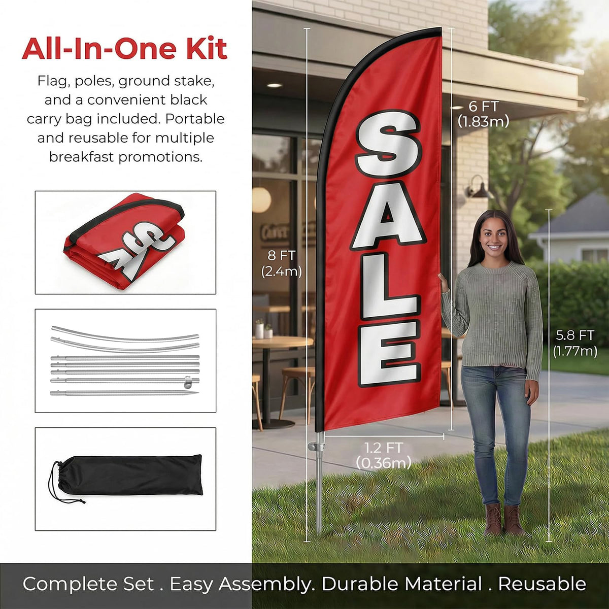 QSUM feather flag pole kit shows bold SALE graphics for easy promotion.
