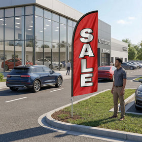 QSUM bold sale graphics on feather flag attract attention from afar.