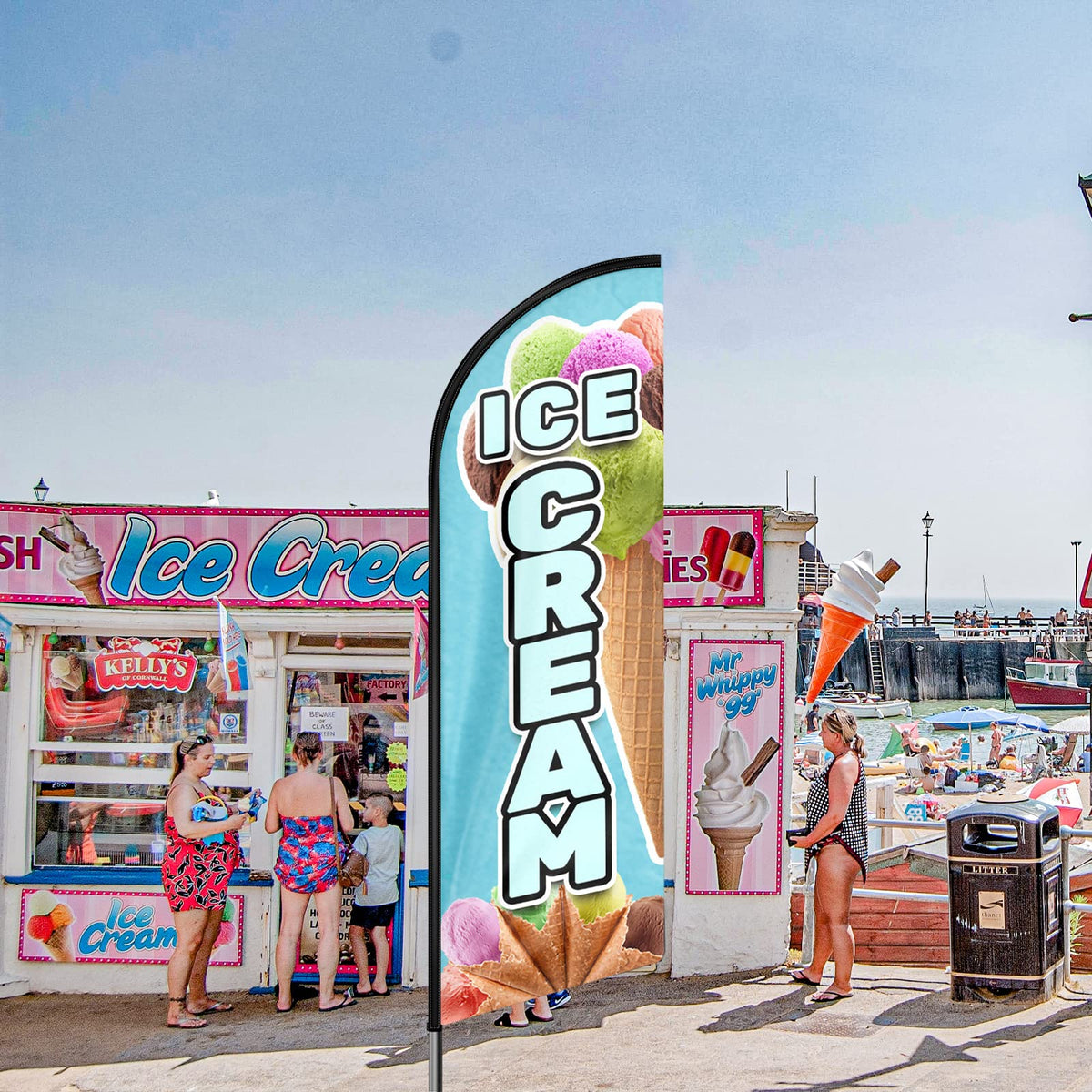 QSUM Ice Cream Flag mounted at a store entrance for brand awareness