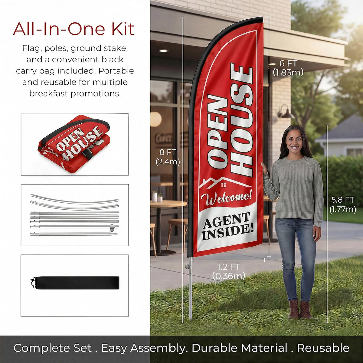 QSUM open house flag with pole kit enables quick outdoor setup.