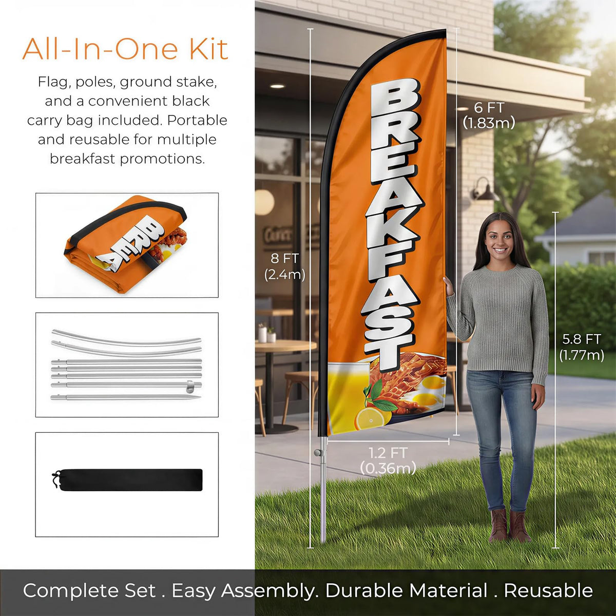 QSUM sectional pole assembly demonstrates quick setup for sidewalk promotion.