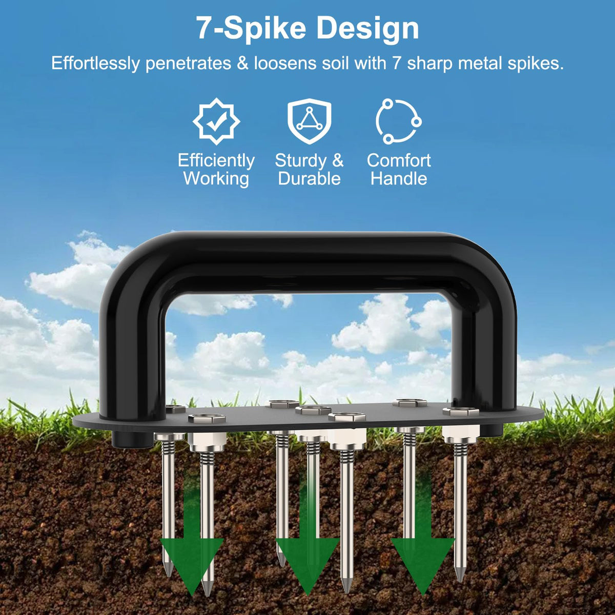 Qsxou 7-iron spikes close-up showing durability and rust resistance.
