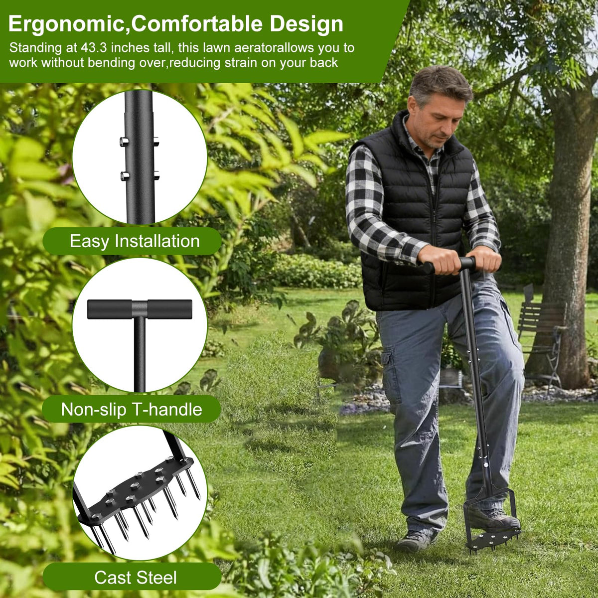 Qsxou lawn aerator with T-handle promotes comfortable upright use.