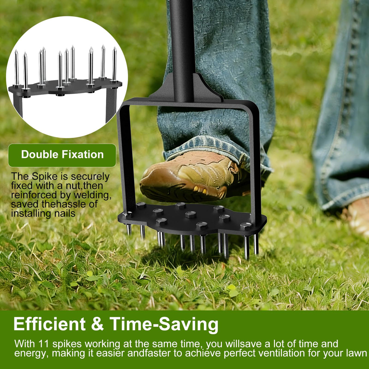 Qsxou lawn aerator close-up shows 11 steel spikes for even holes.
