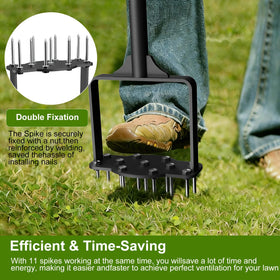 Qsxou lawn aerator close-up shows 11 steel spikes for even holes.