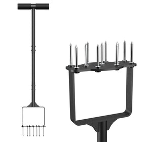 Qsxou manual lawn aerator with 11 spikes ready to penetrate compacted soil for better drainage.