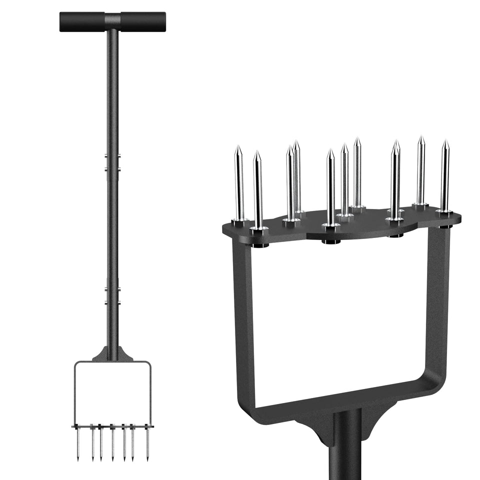 Qsxou manual lawn aerator with 11 spikes ready to penetrate compacted soil for better drainage.