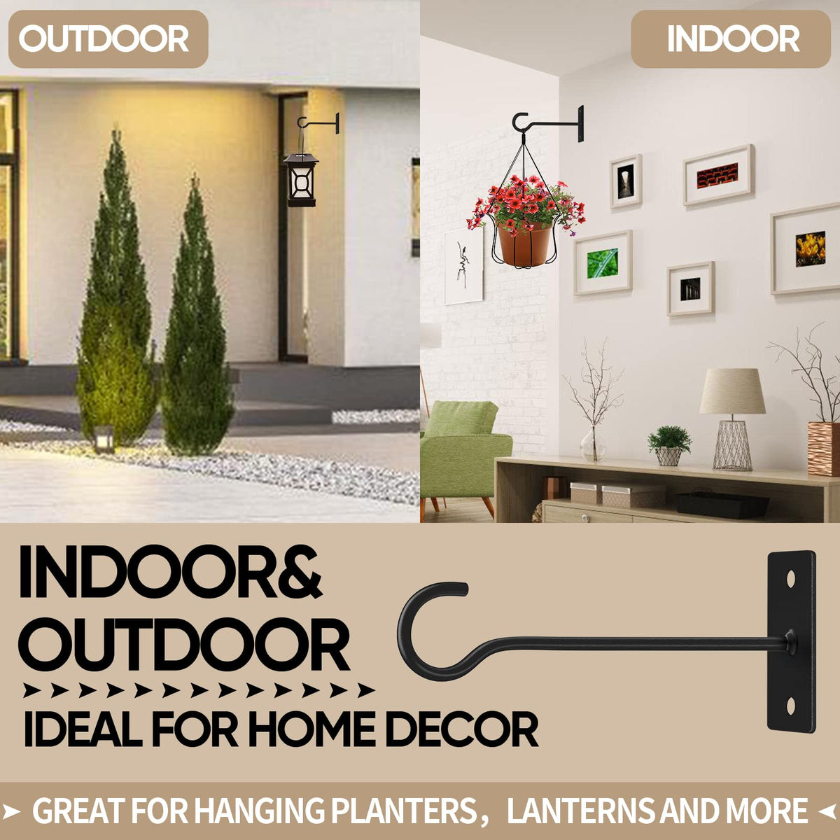 QTJUST hanging plant brackets installed on a wall for versatile indoors and outdoors.