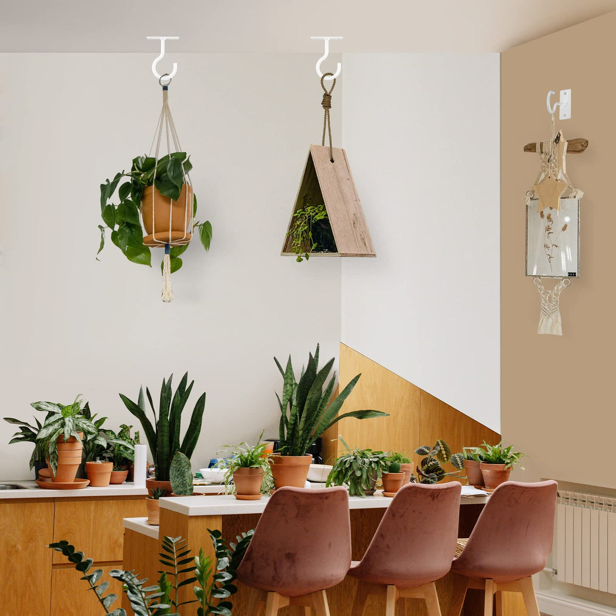 QTJUST wall-mount plant hanger securely supports lightweight decor.