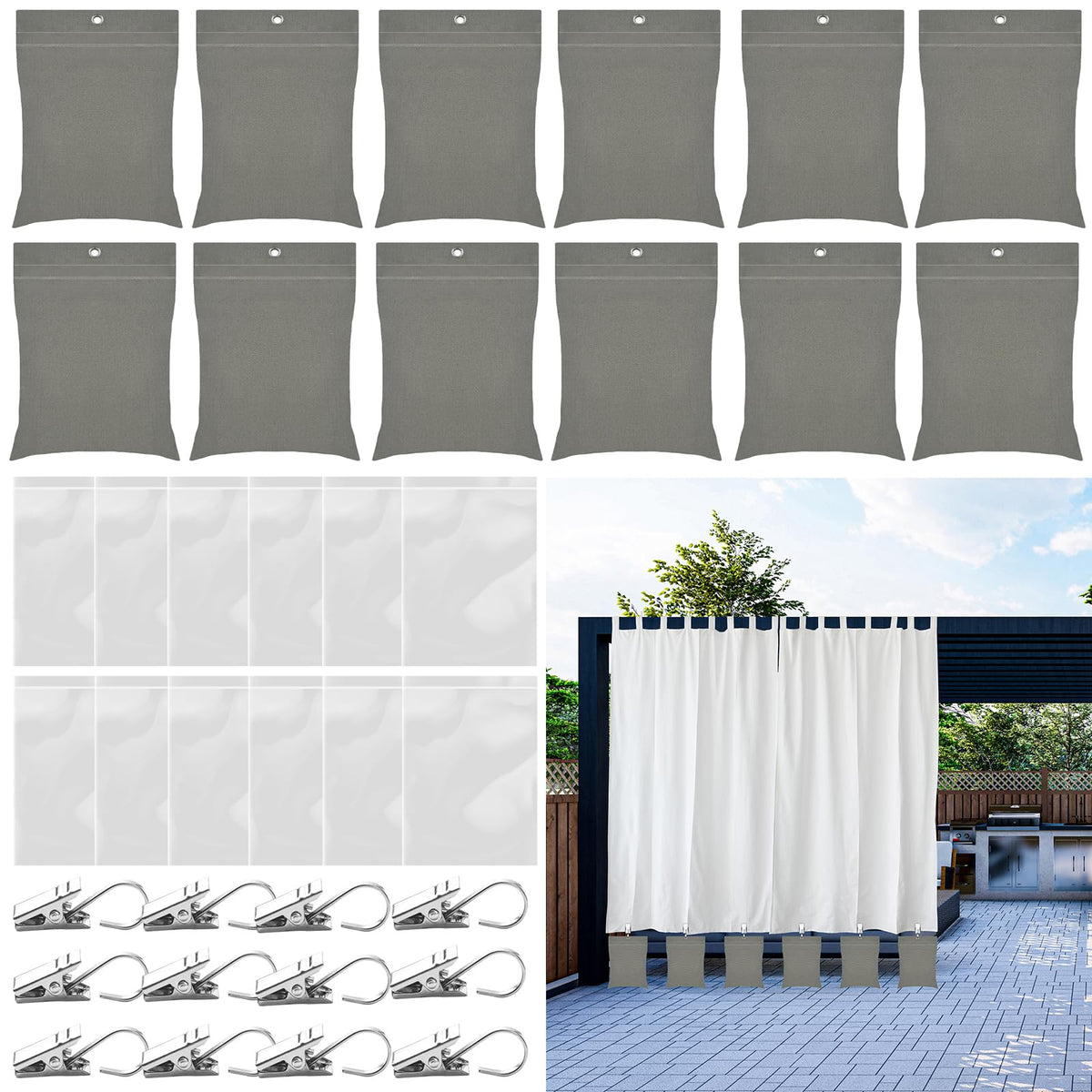 QTRQTR 12-pack curtain weights set in durable canvas bags for outdoor drapes