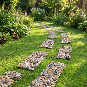 Qualdout stepping stones across lawn edge providing charming patio path