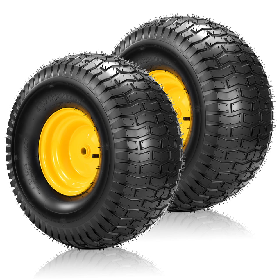 Qualipo 20x10-8 tubeless lawn tire side view for stable ride on uneven yards.
