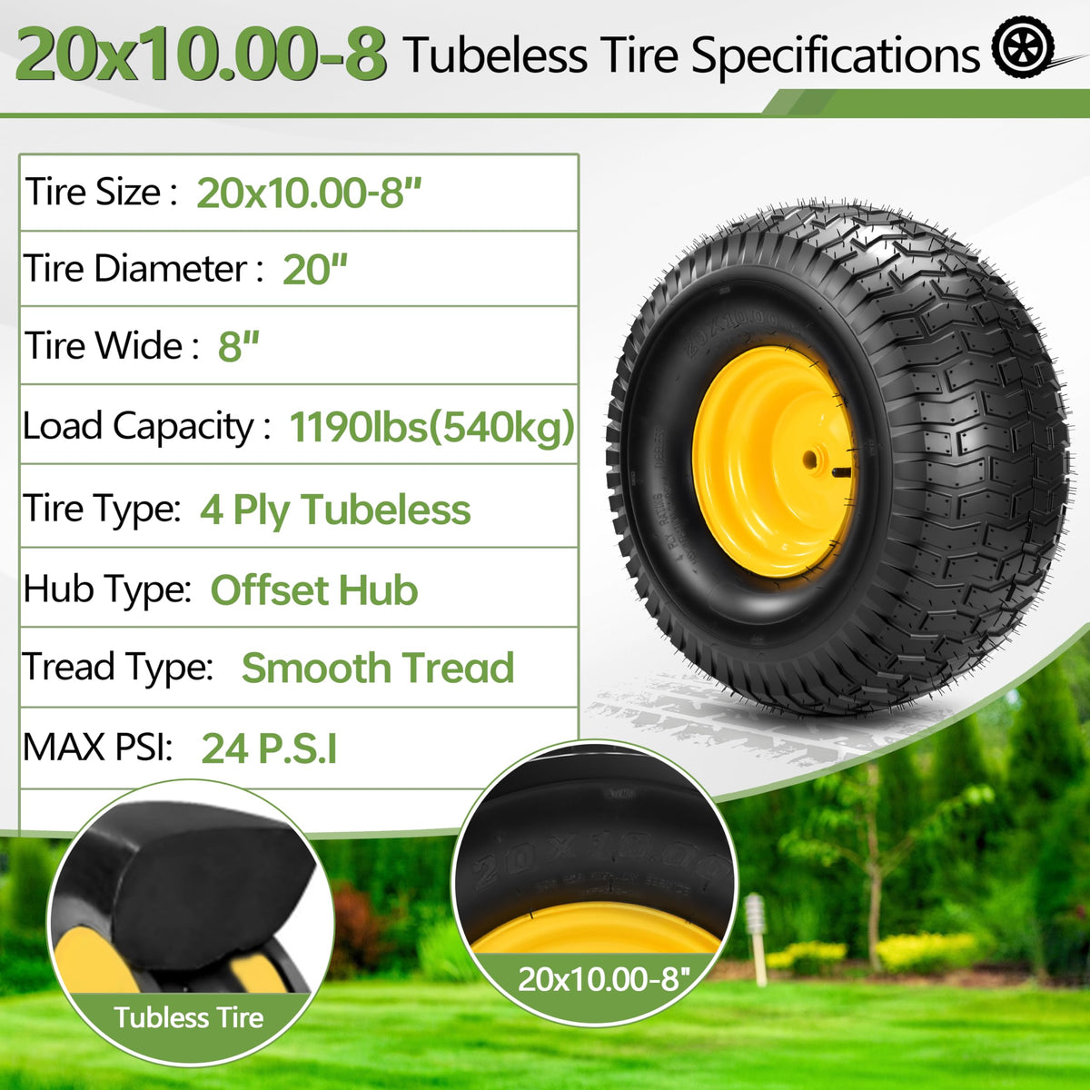 Qualipo 20x10-8 tubeless tire close-up highlights 4-ply durability.