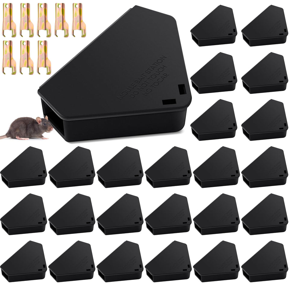 Qualirey 24-pc mice stations with triangle lockable design for secure indoor bait containment.