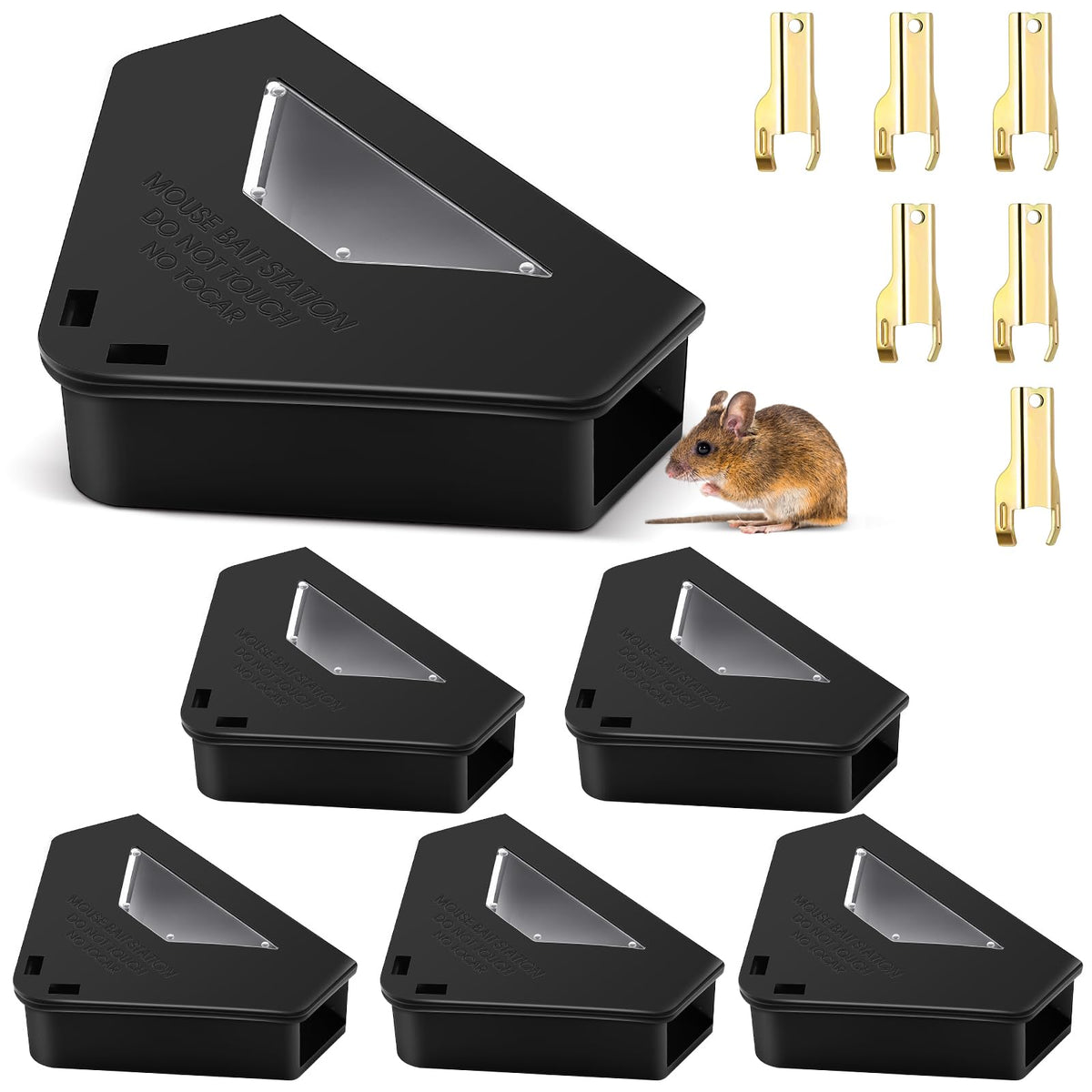 Qualirey 6-pcs mouse bait stations with keys provide secure, reusable use indoors and outdoors.